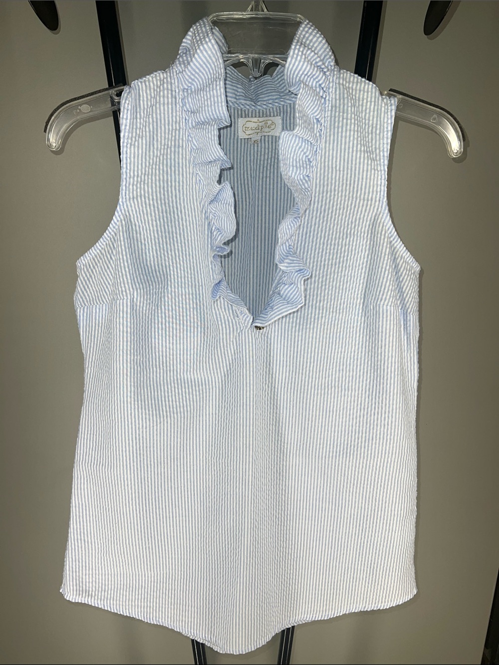 Mud Pie Blue & White Seersucker Ruffle V-Neck Sleeveless Top